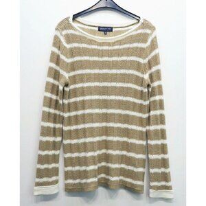 Jones New York Womens Sweater Gold Button Cuff Striped Tan White Sz Large